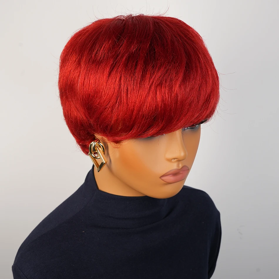 빨간색 숏 픽시컷 보브 100% 인모 가발 여성용 브라질 레미 헤어 앞머리 있는 숏 스트레이트 풀 머신 메이드 가발