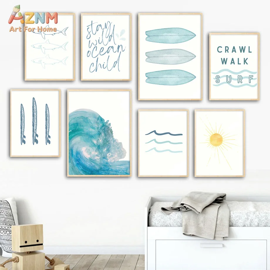 AZNM Frameless Canvas Poster Watercolor Ocean Wave Print, Count All The Waves In The Sea Quote Wall Art Picture for Coastal Baby