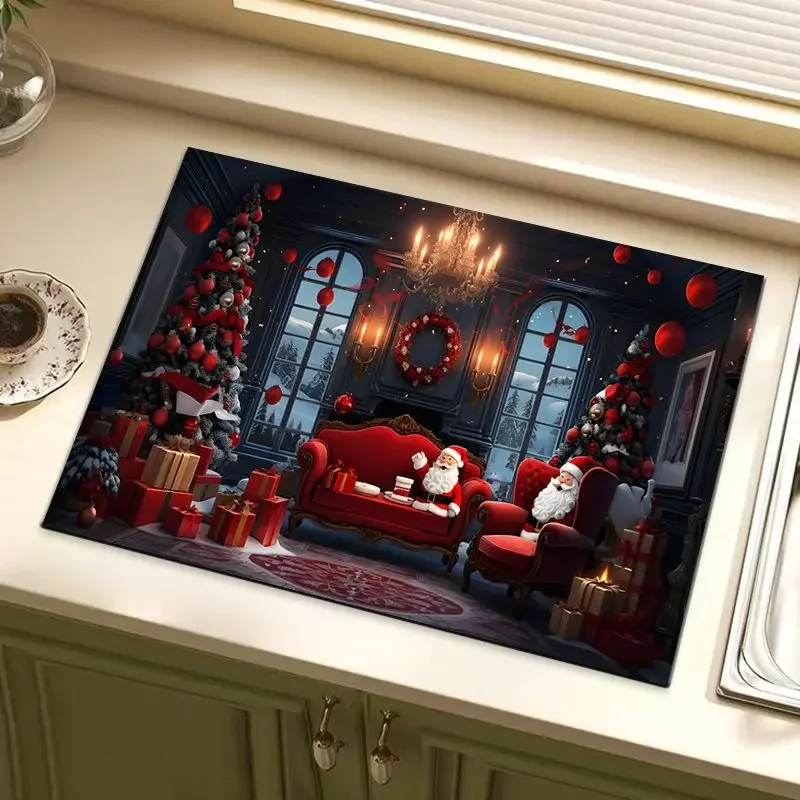 Santa Claus Fireplace Christmas Tableware Draining Mat Absorbent Quick Drying Non Slip Sink Countertop Home Decor