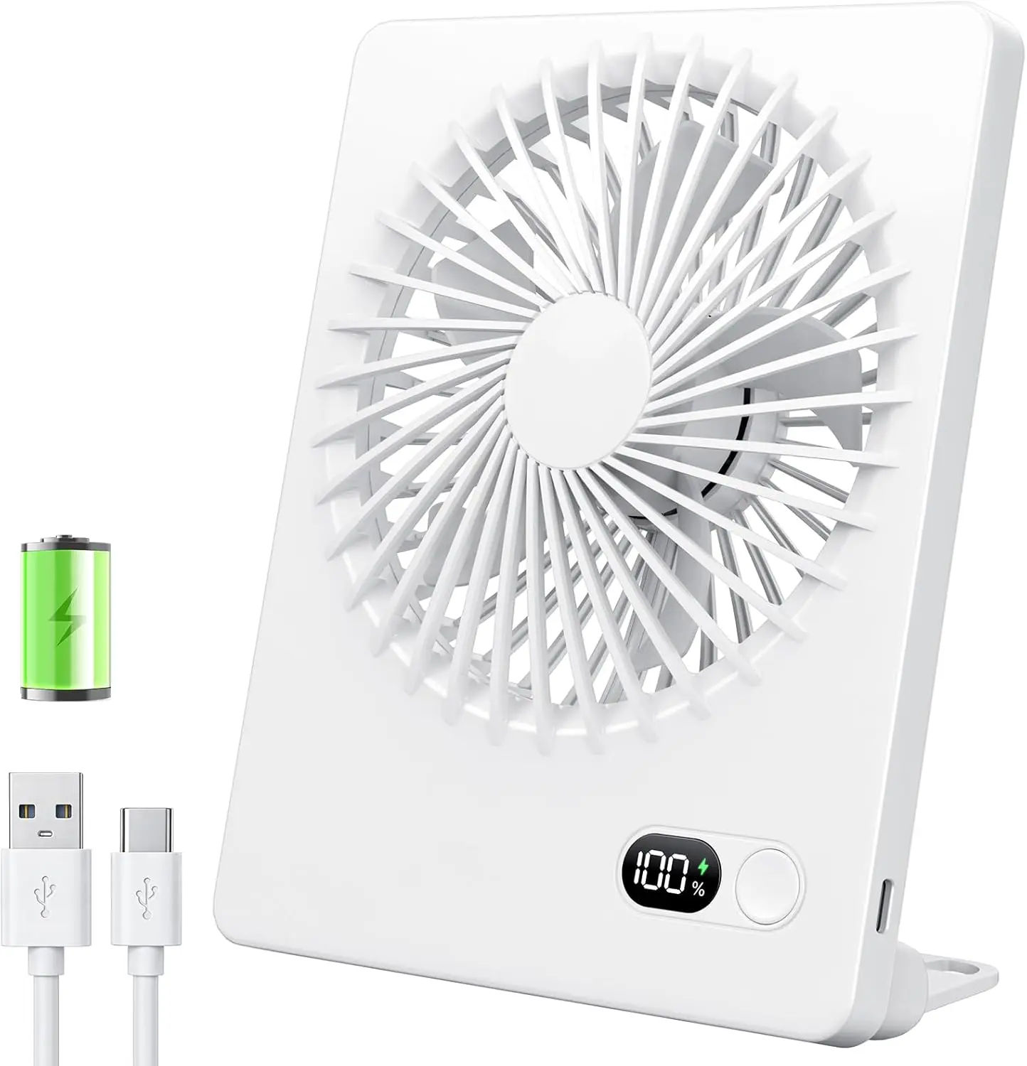 

Rechargeable Desk Fan, 180° Tilt, Ultra Quiet, 3 Speeds, Portable for Office Bedroom Camping, White