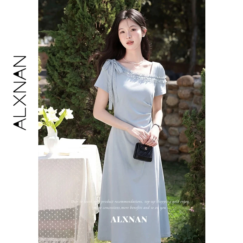 

ALXNAN Blue Dress Asymmetrical Neck Lace Trim Elegant Waist Ruched Long Dress New Summer Fashion Casual Female Dresses DYL662734