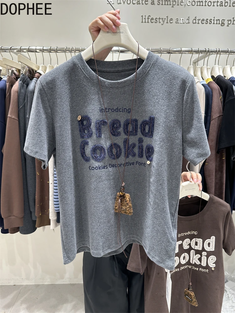 

Утолщенная футболка с короткими рукавами, новинка 2025, осень-зима, узкие базовые футболки с вышивкой букв и высокой талией, укороченные топы с цыпленком