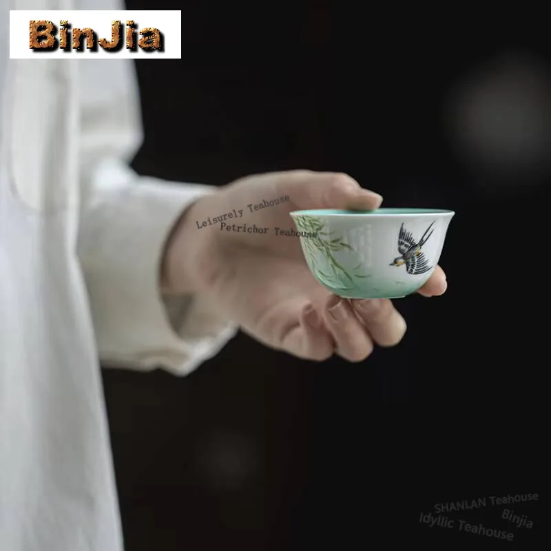 60ml Hand-painted Swallow Willow Ceramic Teacup Turquoise Green Glazed Master Cup Personal Tea Bowl Mug Kung Fu Tea Set Drinking