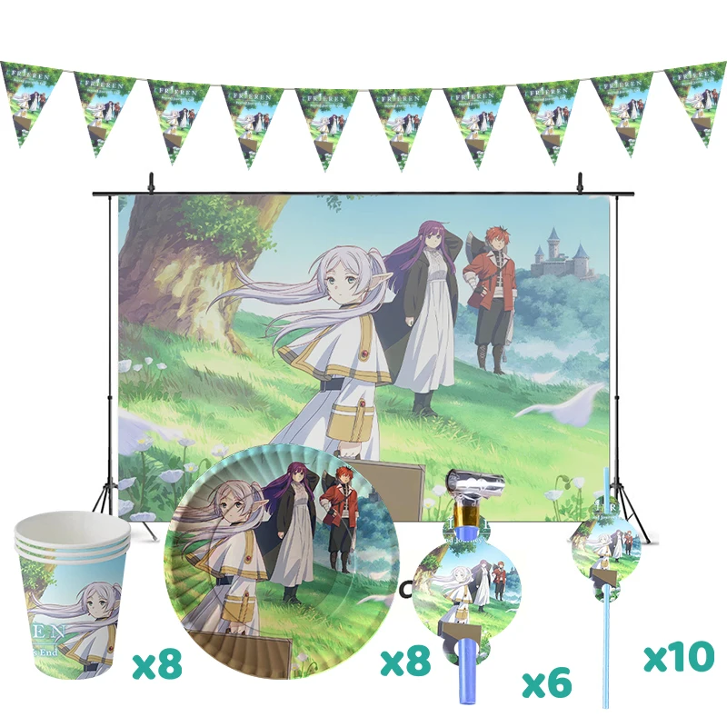 Frieren Birthday Party Decorations Anime Manga Theme Supplys Banner Cups Plates for Kids Beyond Journey's End Lorraine Heinz