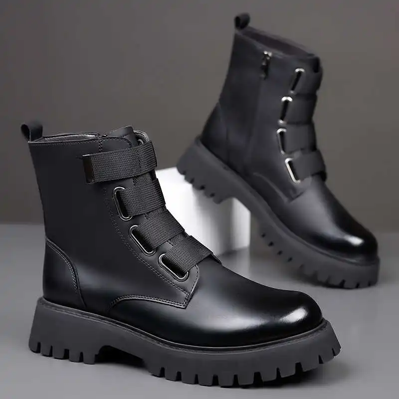 

Men's Genuine Leather Martin Boots British Style Workwear Short Korean Version Thick Sole Increased Height Inside Youth High