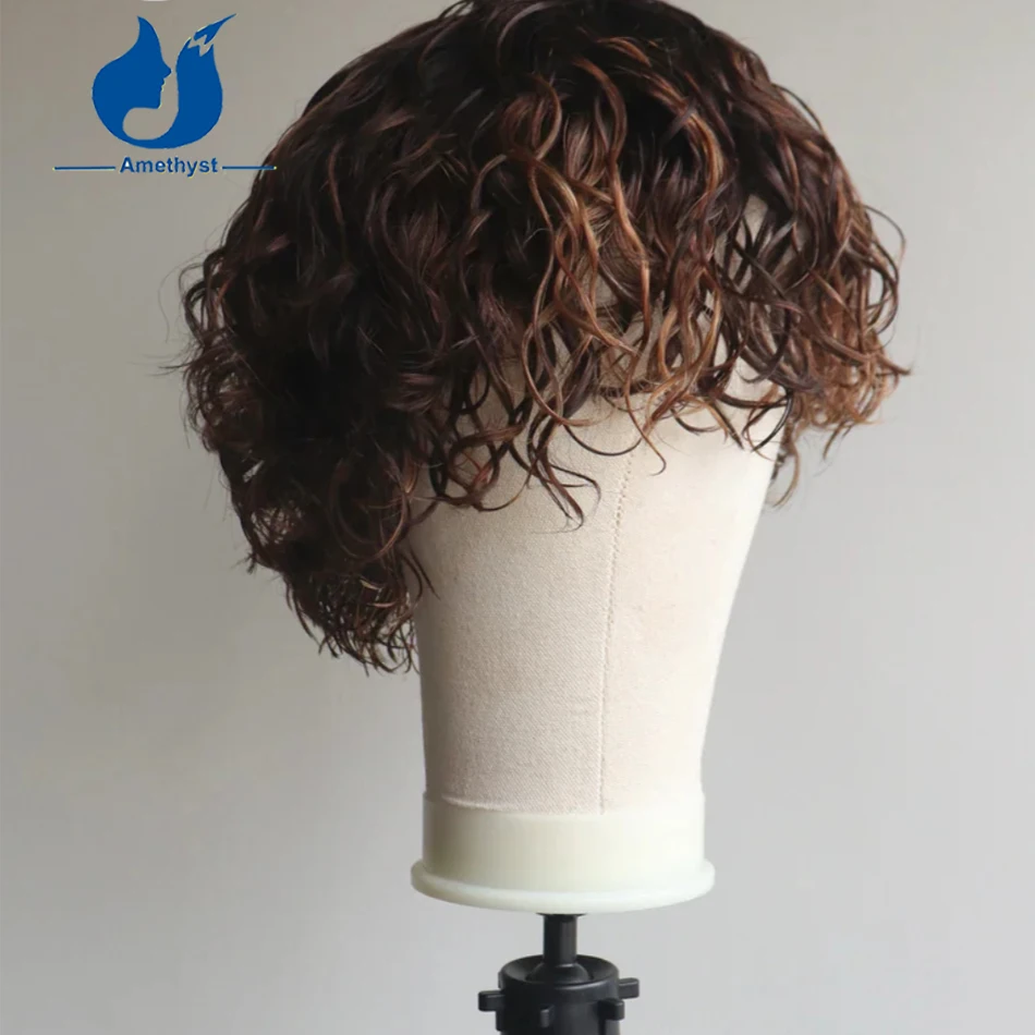Amethyst Male Highlight Wet Curly Bob Wig Human Hair with Bangs Brazilian Scalp Top Full Machine Made Remy Hair Wig for Men