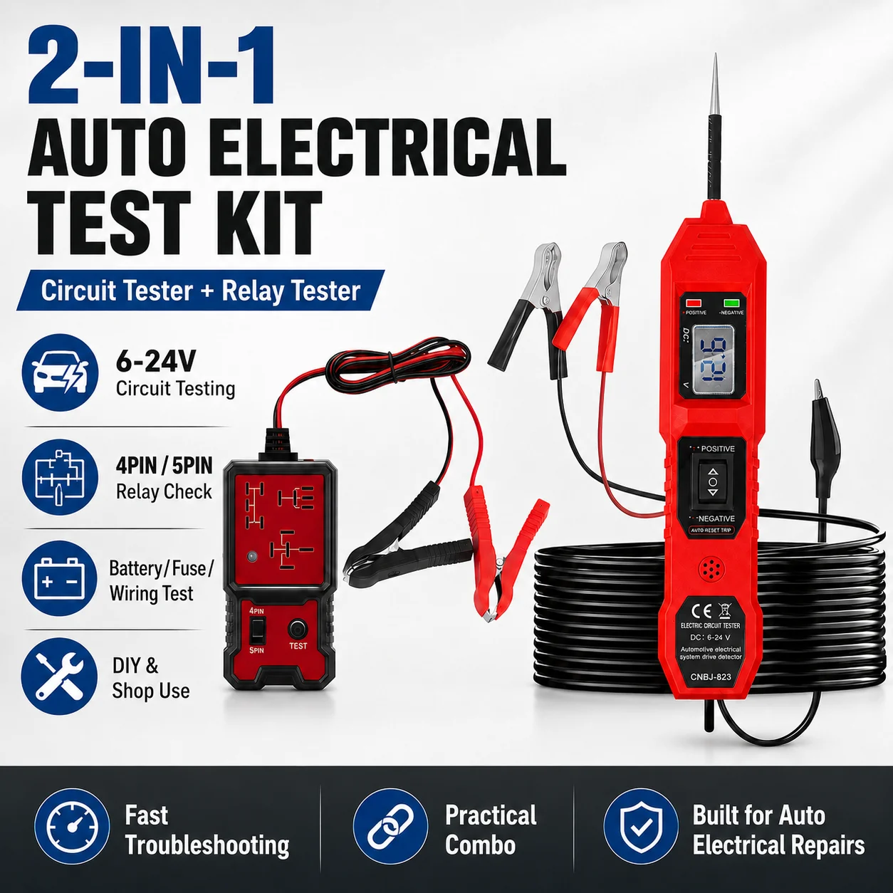 2Pcs Automotive Electrical Tester Kit Cnbj-823 Lcd Voltage Probe Tester + Cnb-707 12V Car Relay Analyzer Battery Diagnostic Tool