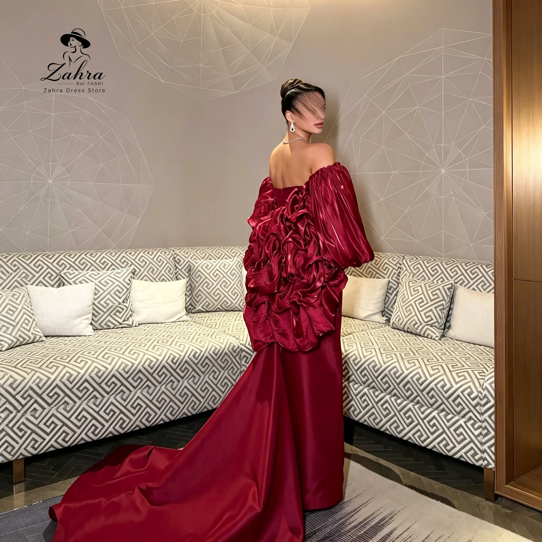 Red Square Neck Off Shoulder Glam Evening Sleeveless Prom Dresses Shiny Satin Evening Dresses High Waist Fishtail Train Party Go