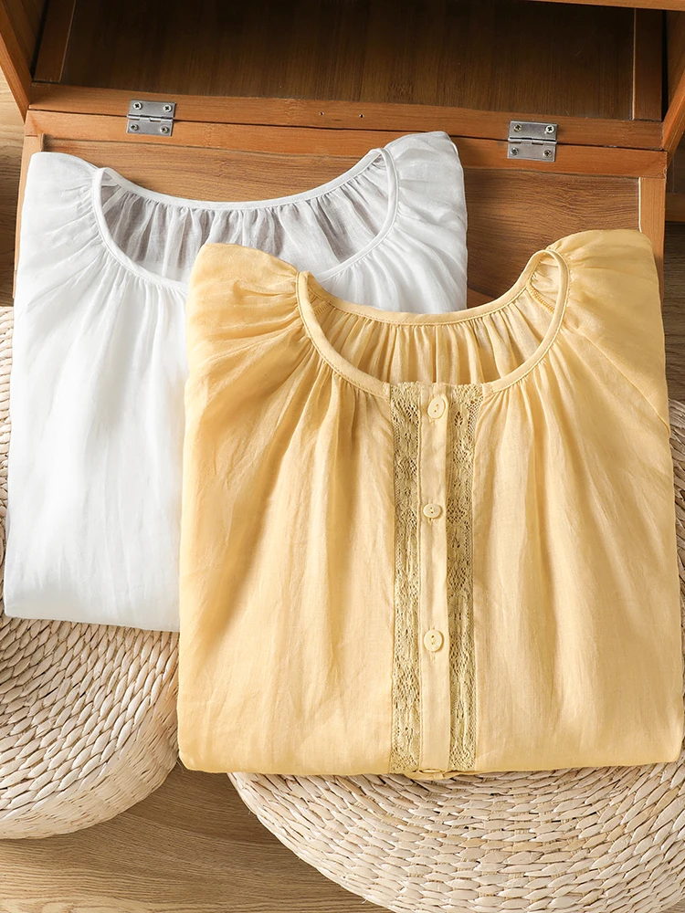 Summer Lace-Bordered Loose Women's Shirt with Lantern Sleeves And Belt High-End Japanese Style White Cover-Up Versatile for All view 5