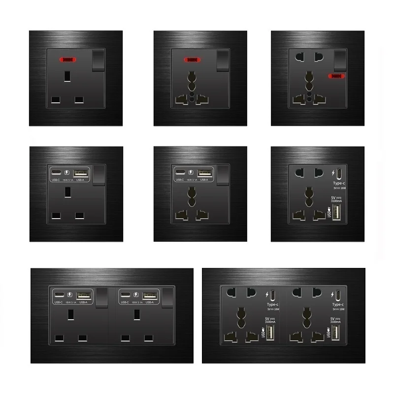 

Aluminum Alloy Brushed Black Panel Single Twin Socket with USB 3.1A Fast Charge Type C USB 13A UK Standard