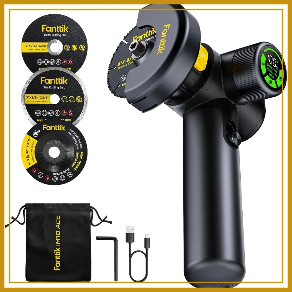 

Compact Cordless Angle Grinder 10000RPM Brushless Cut Off Tool with LED Display, 3 Modes, Type-C Charging, 4 Blades