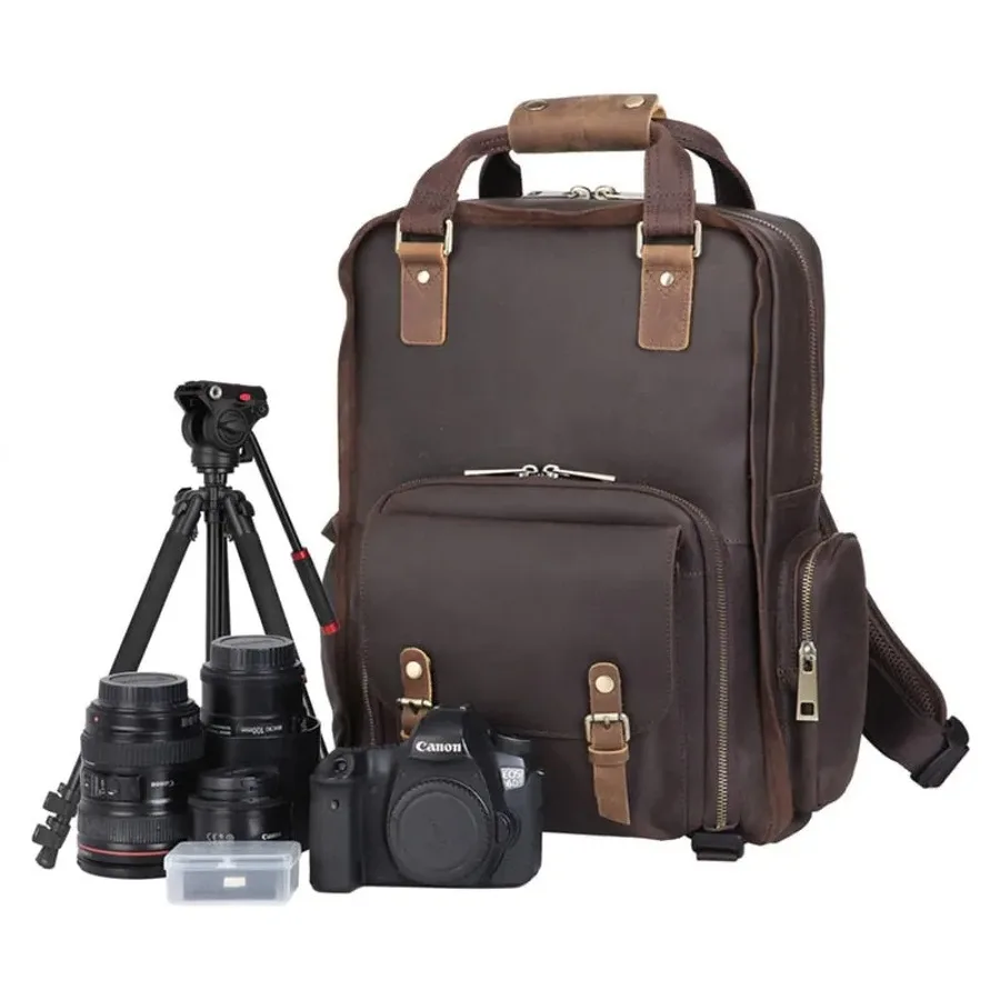 Large Leather Backpack Camera Bag with Tripod Holder Gaetano