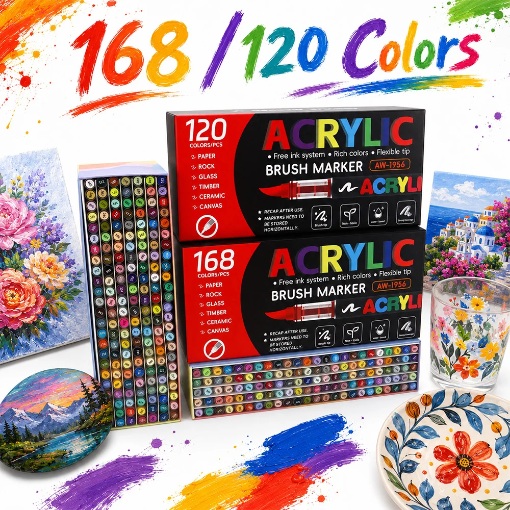 120/168 Colors Acrylic Brush Marker Set 1‑5mm Flexible Soft Brush Tip Professional Paint Pens Rock Glass Wood Ceramic Canvas DIY Graffiti Craft Drawing Coloring Art Supplies