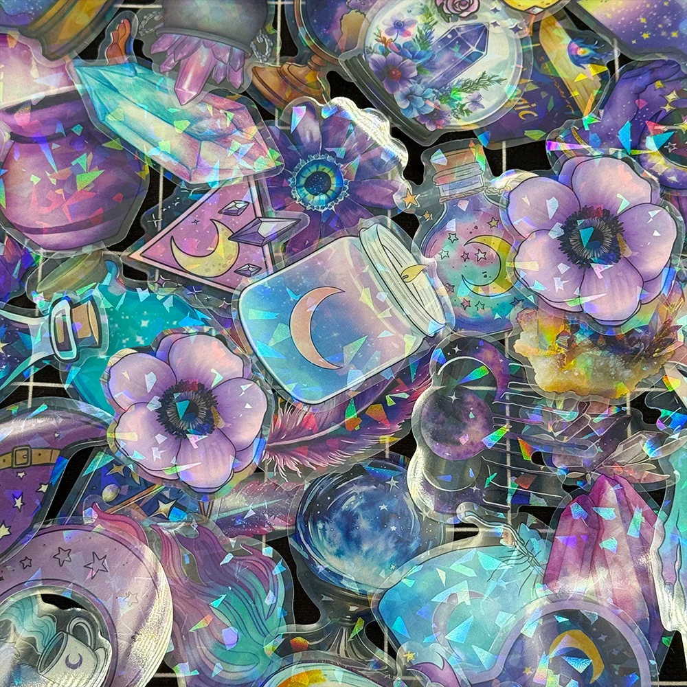 10/30/50pcs Transparent Laser Magic Witch Stickers Aesthetic Retro Decals Toy DIY Luggage Phone Suitcase Cool Decoration Sticker