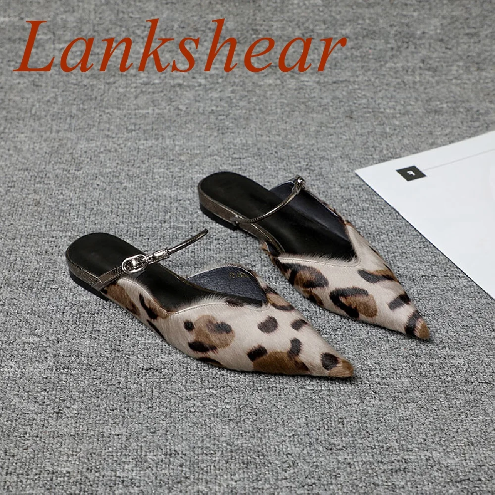 Leopord Pointed Toe Women Slippers Mixed Color Flat Sole Slingback Fashion Sexy Fur  Mules Spring Genuine Leather Women Shoes