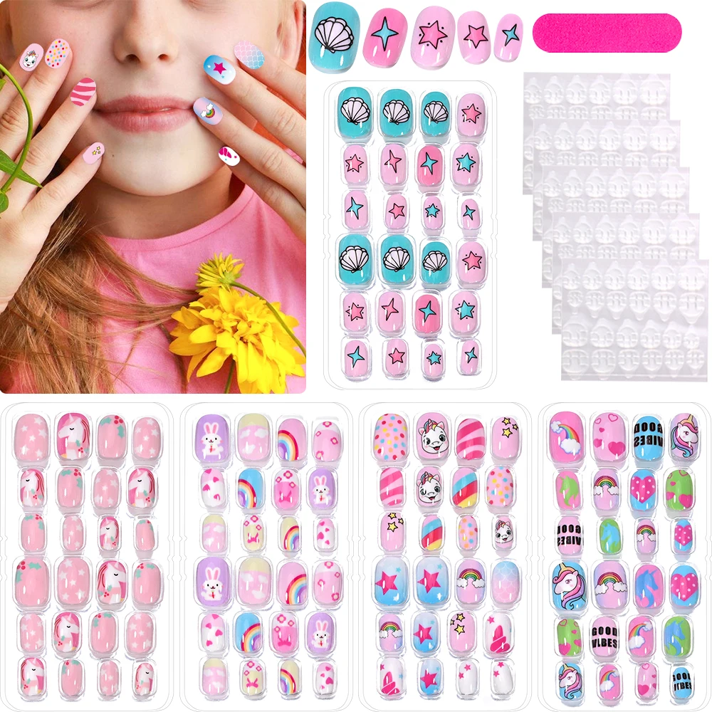 120Pcs Children\'s Press on Nails Kids Cartoon Acrylic Fake Nails Tips Kawaii Girl Full Cover Short False Nails With Jelly Glue#@