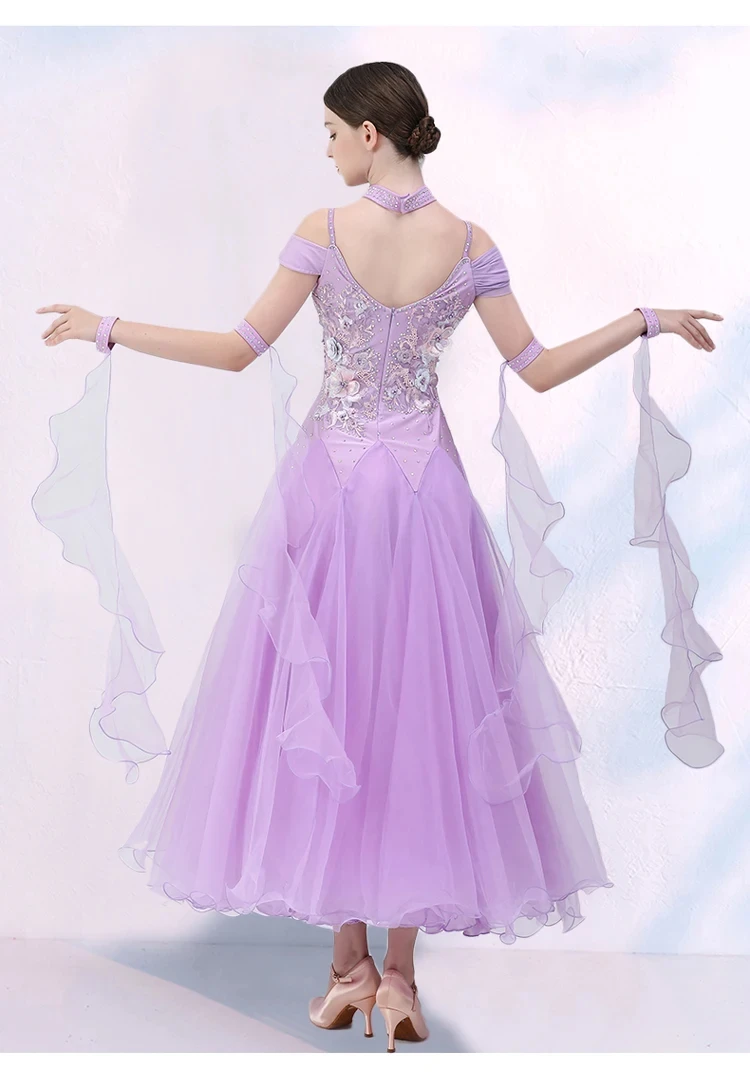 

Sling Standard Competition Dress Modern Dance Short-sleeved wine red Long Dress Ribbon Performance Suit New Women Waltz