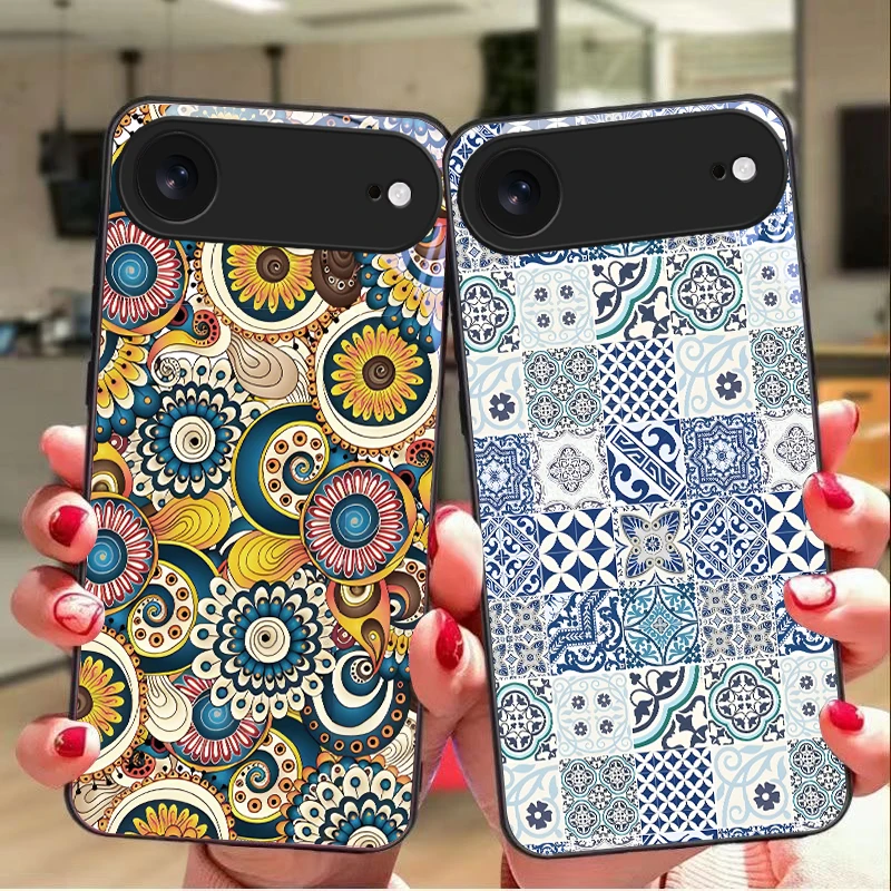 Mandala spiral pattern For iPhone 11 Pro 12 13 mini 14 15 Pro Max 16 E 17 Air XS Max XR 8 7 Plus SE 5 6 Black Glass Phone Case