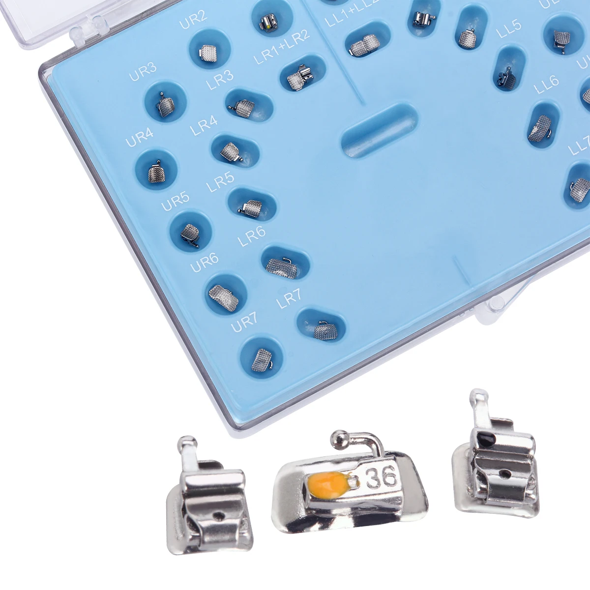 AZDENT Zahnspangen, kieferorthopädische Brackets, aktive selbstligierende 4-teilige Backenzangen, markierte Basis Roth 0.022, Haken 345 mit Werkzeug – Detail 1