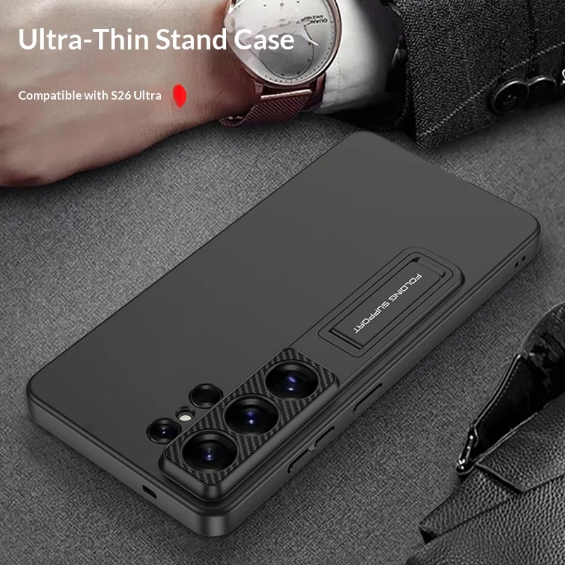 For Samsung Galaxy S26 Ultra Metallic Ultra Thin Matte PC Cover Coque Phone Luxury Invisible Folding Stand Holder Phone Case