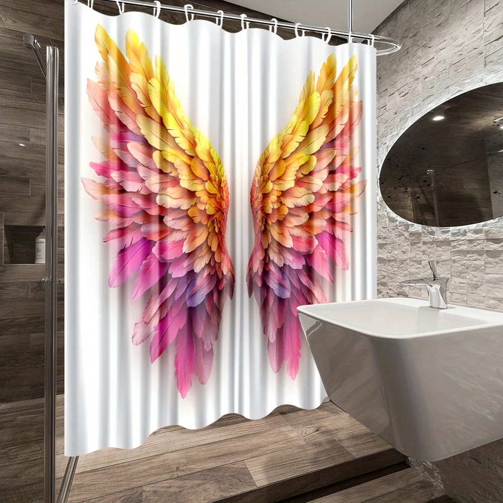

1pc Vibrant Angel Wings Shower Curtain - Polyester, Hand Wash Only, 70. 8x70. 8 Inches, Colorful Feather Design with Golden Acce