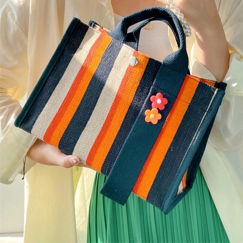 

Rainbow striped cotton and linen canvas bag women's waterproof bags new one-shoulder large messenger bag portable commuter tote