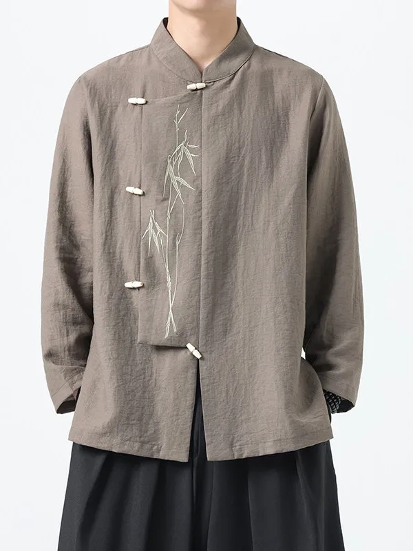 

Linen Blend Long Sleeve Shirt Men's New Autumn Style Side Buttoned Tang Suit New Chinese Style Embroidery Improved Hanfu Top