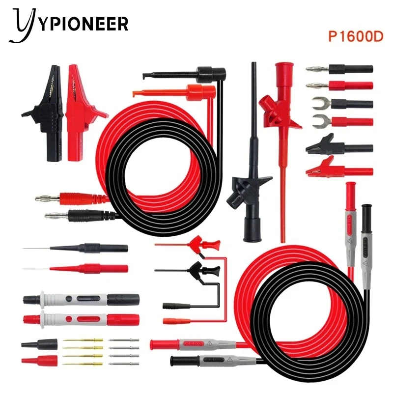 YPioneer-مجموعة اختبار الرصاص متعدد المقاييس P1600 ، مقابس الموز 4 مللي متر ، مقاطع التمساح ، خطاف صغير ، مسبار ثقب