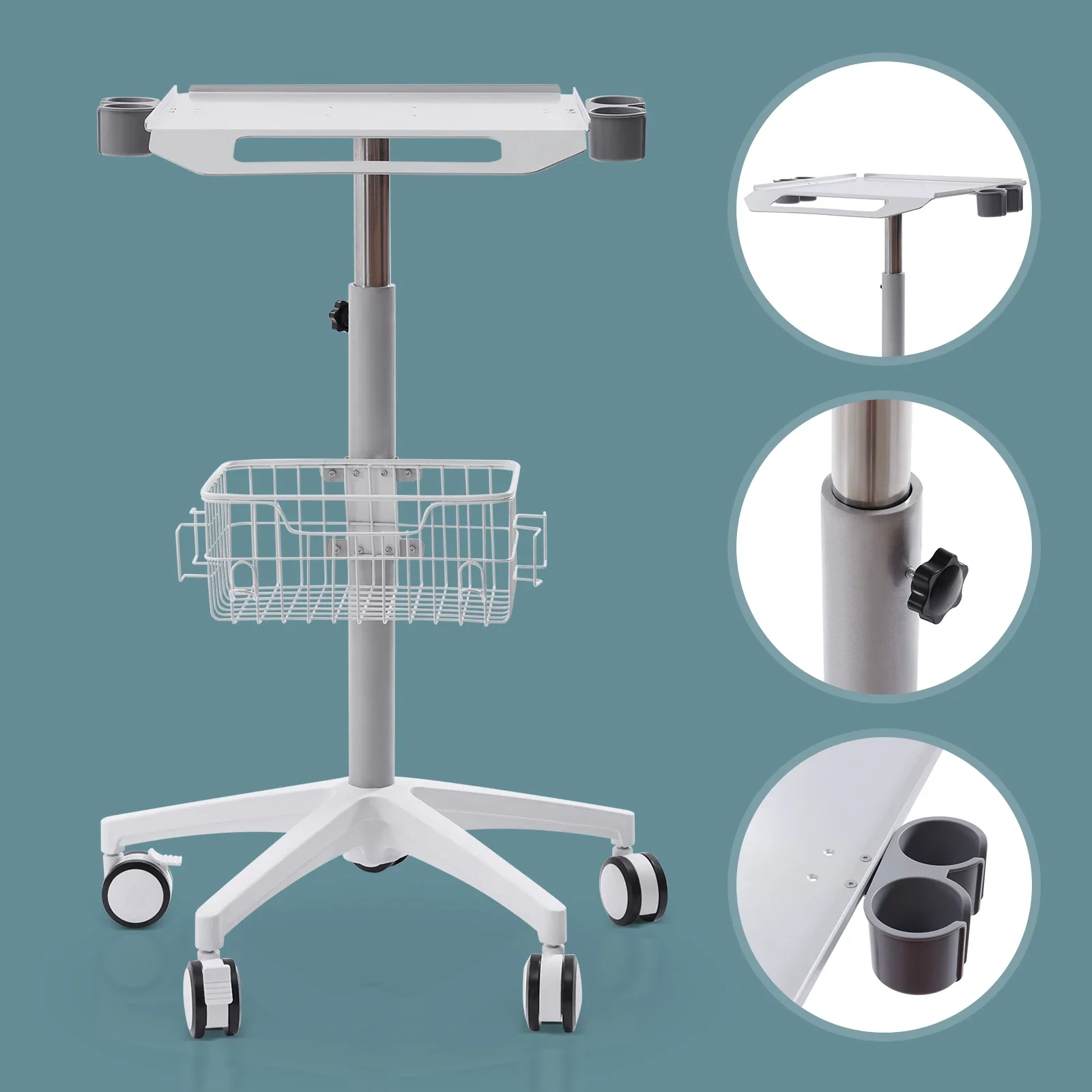 Mobile Trolley Medical Dental Rolling Desktop Lab Cart with Wheels Height Adjustable White