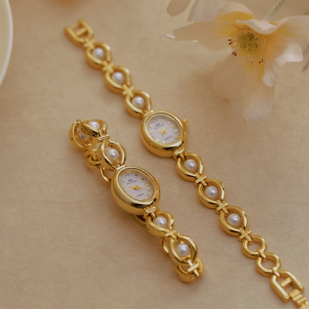 BS Bee Sister Luxury Vintage Temperament Ladies Watches Quartz Elegant Woman Wristwatch Pearl Small Chain Women's Watch