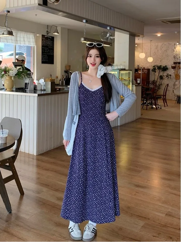 

plus Size Fashionable Two-Piece Set Summer New Long Sleeve Open Cardigan Top Lace Splicing Floral Halter Dress Korean Style L...