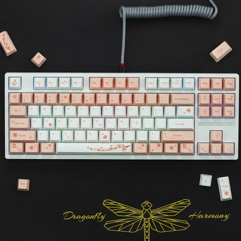 Cherry blossom powder hot sublimation 123 key small full set of keycaps customized 68/84/98 keyboard keycap box sent steel pull