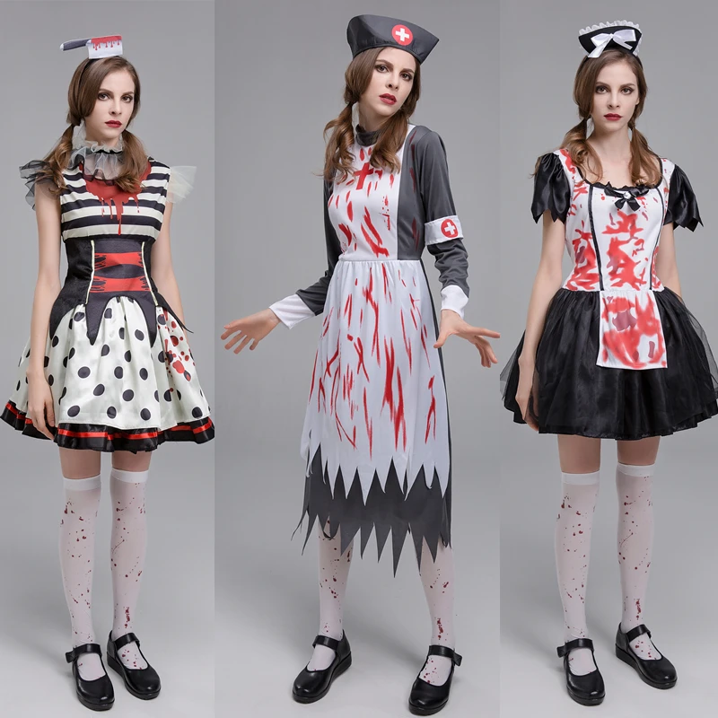 

Хэллоуин, цирковое представление, пышная юбка в полоску в горошек, костюм медсестры для ролевых игр, женский наряд служанки, праздничная моя