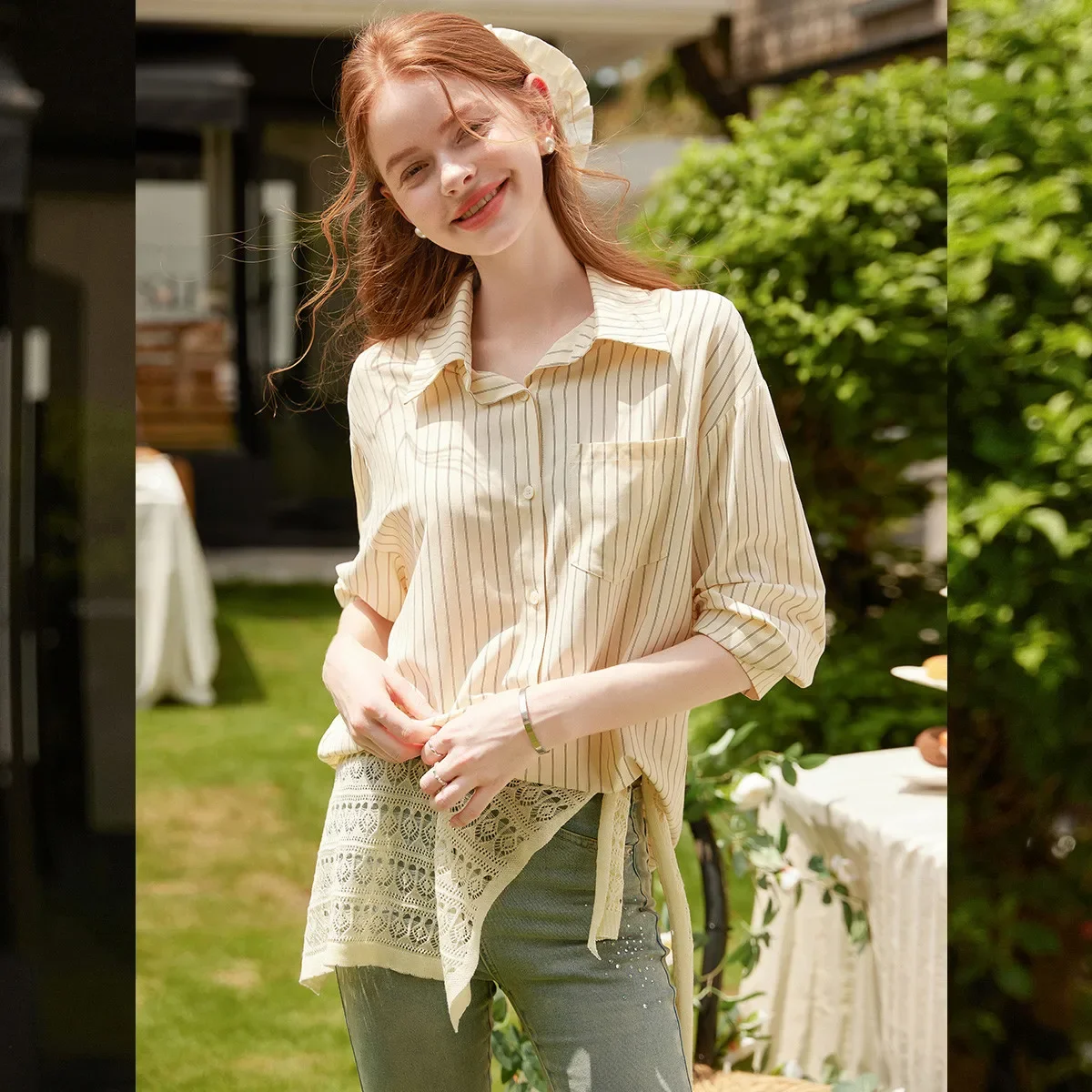 

LOUIS YAO Striped Detachable Shawl Women's Shirt 2025 Autumn Commuter Women's Blouses Turn-Down Collar Long-Sleeve Shirts