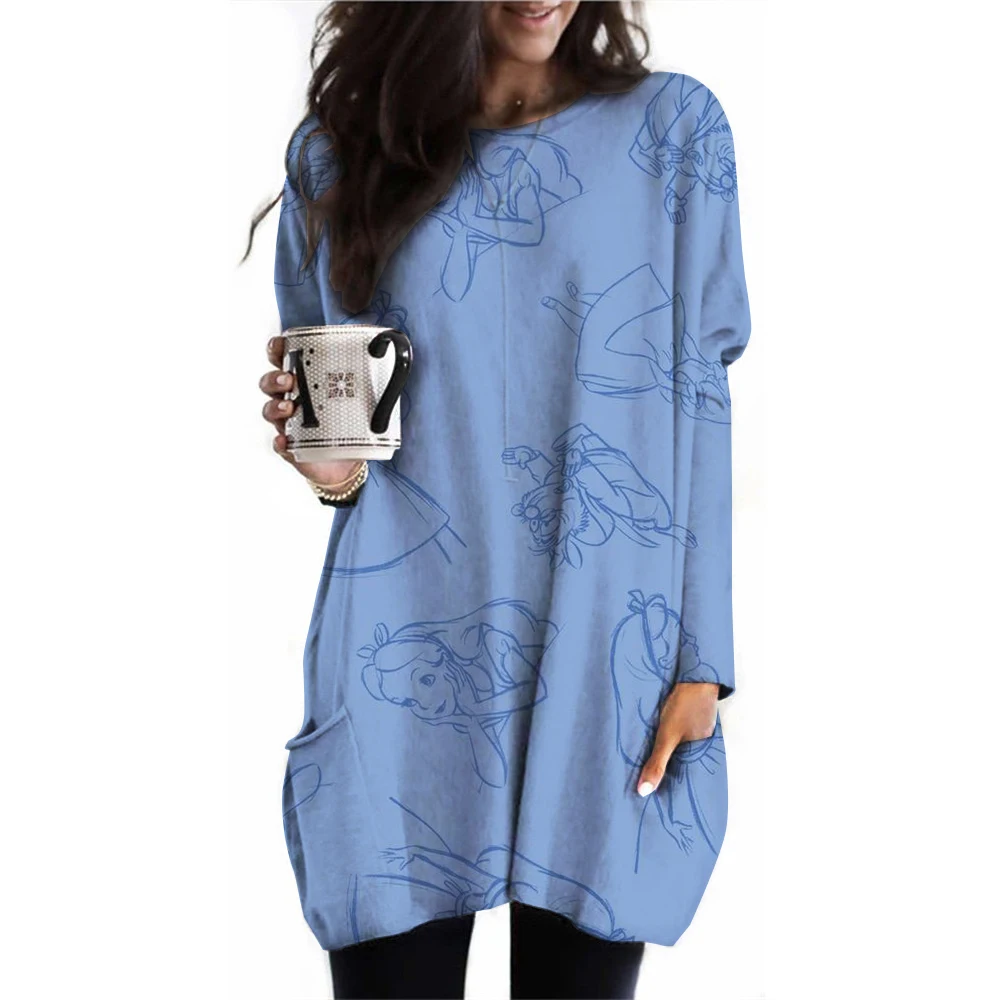 جديد ديزني الأميرة المطبوعة تي شيرت المرأة طويلة الأكمام جيب تي شيرت أعلى الخريف أزياء عارضة قميص المتضخم جولة الرقبة سحب #1