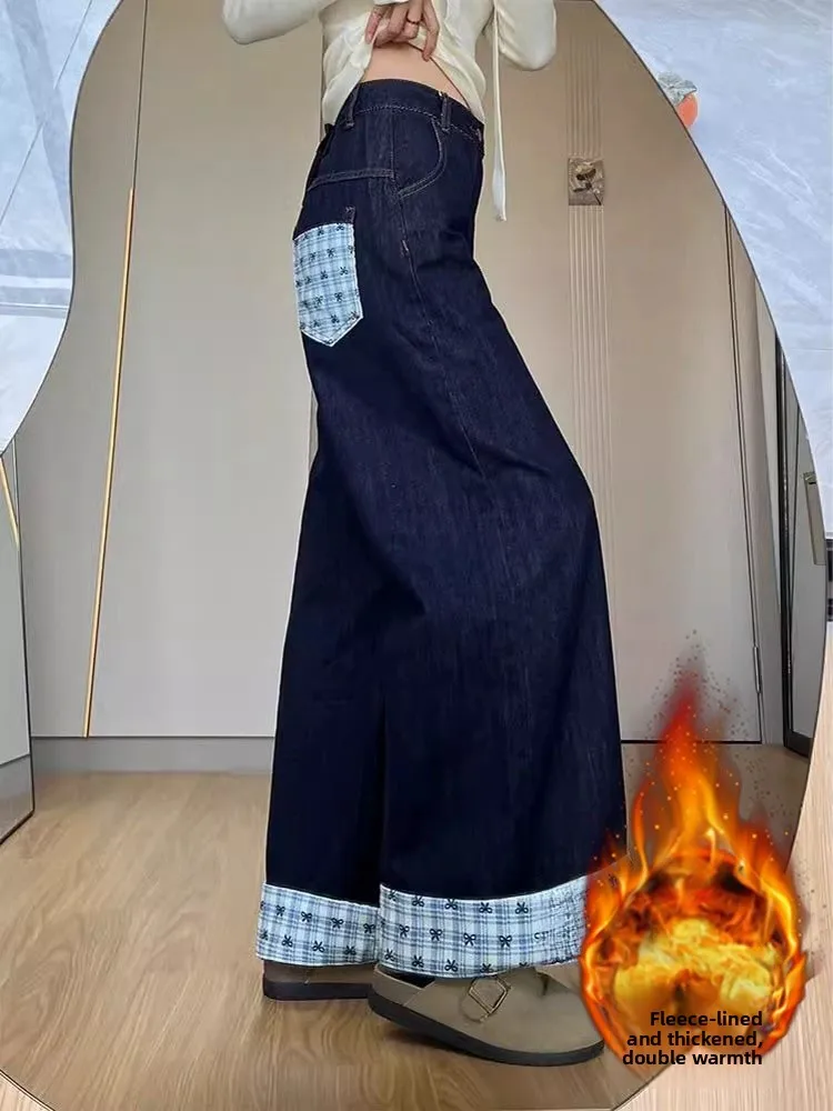 

plus Size Women's American Retro Deep Blue Straight Leg Fleece Lined Denim Jeans High Waist Wide Leg Pants Pear Shape Slimming