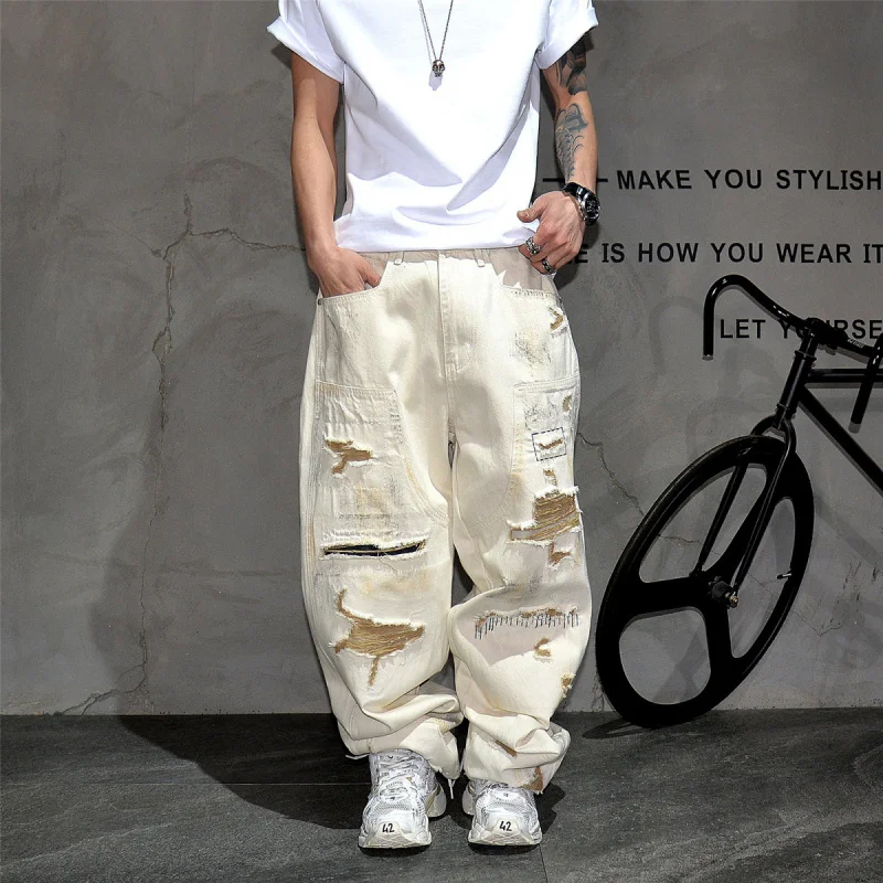 

American High Street Distressed Ripped Repair Jeans Men, Vibe Streetwear Loose Straight Denim Pants