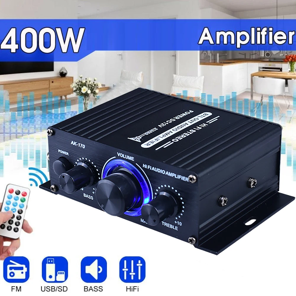 AK-170 Mini HiFi Stereo Audio Amplifier Bluetooth LED 200W+200W 12V Dual Channel Power Home Car Amp with RCA Input Amplificador