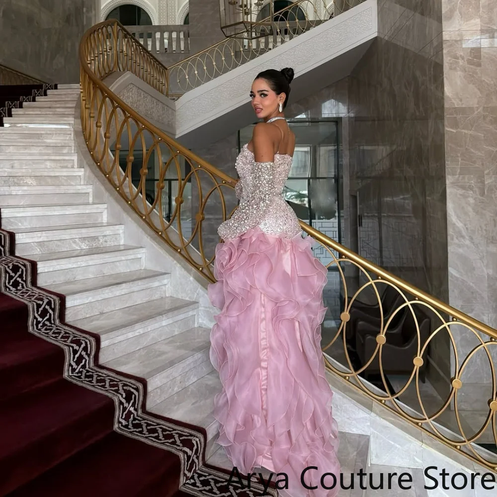 Pink Silver Mermaid Prom Dress Fully Sequin Beaded Bodice Matching Detachable Long Sequin Gloves Fitted Bodycon Multi‑Tiered