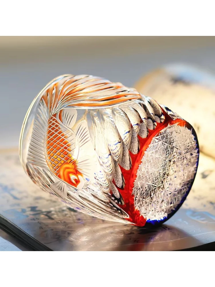Hand-carved goldfish pattern whiskey glass vintage classic Japanese crystal glass hand-cut