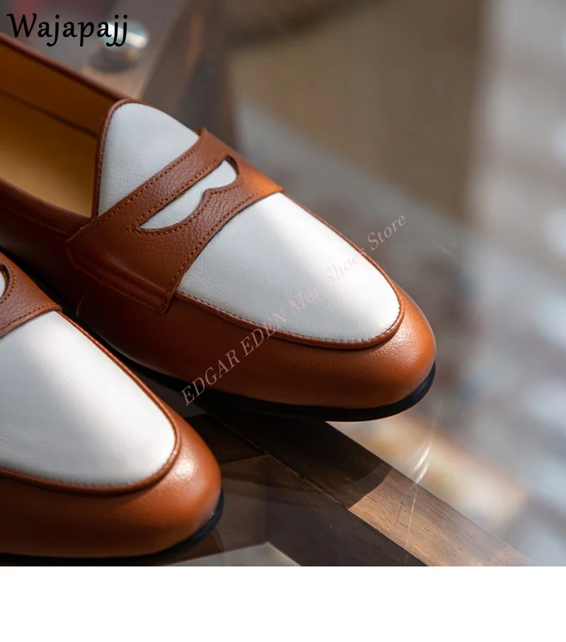 Fashion White Brown Gentlemen's Leather Singel Shoes Round Toe Spring Autumn Male Comfortable Flat Heel Party Wedding Shoes