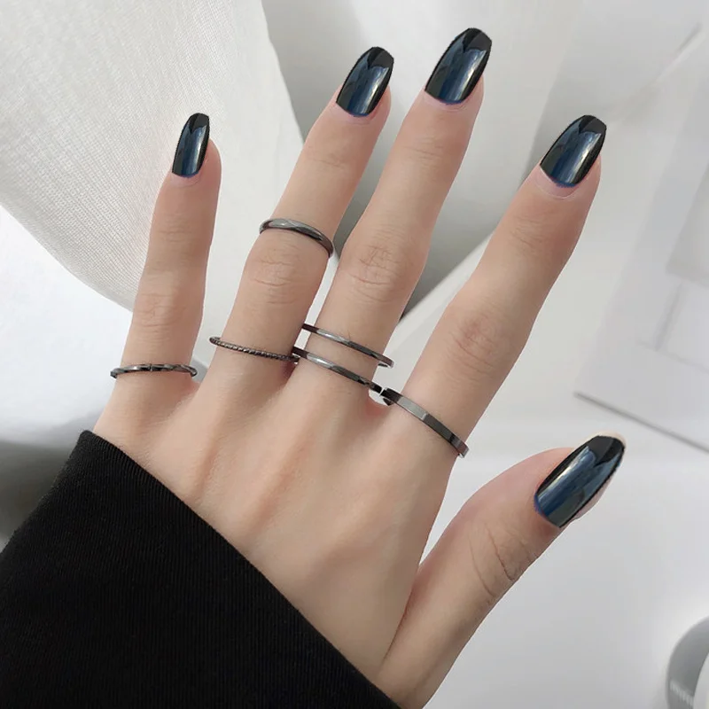 Punk Black Ring Set For Women Simplicity Sliver Hip Hop Women Vintage Chunky Knuckle  Irregular Finger Jewelry Party Gift