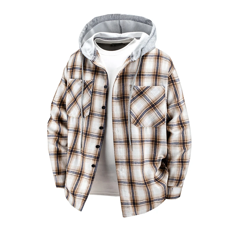 Men Street Fashion Hooded Plaid Shirt New Leisure Comfortable Shirt Jacket Spring Autumn Retro Versatile Two Pockets Men Tops