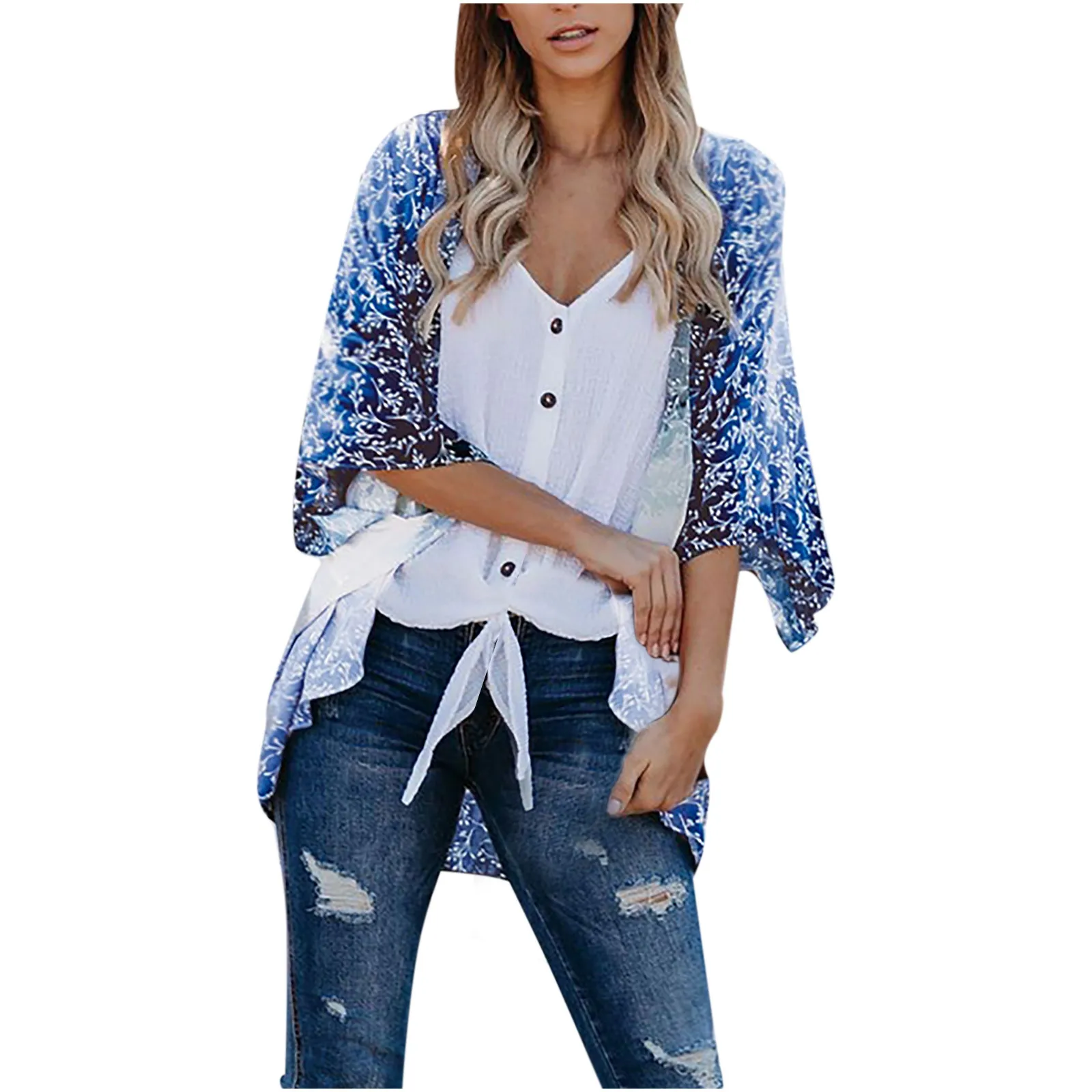 Loose Printing Short Cardigan Shawl Coat Women Kimono Shirt Sleeve Tops Blouse Women's Blouse