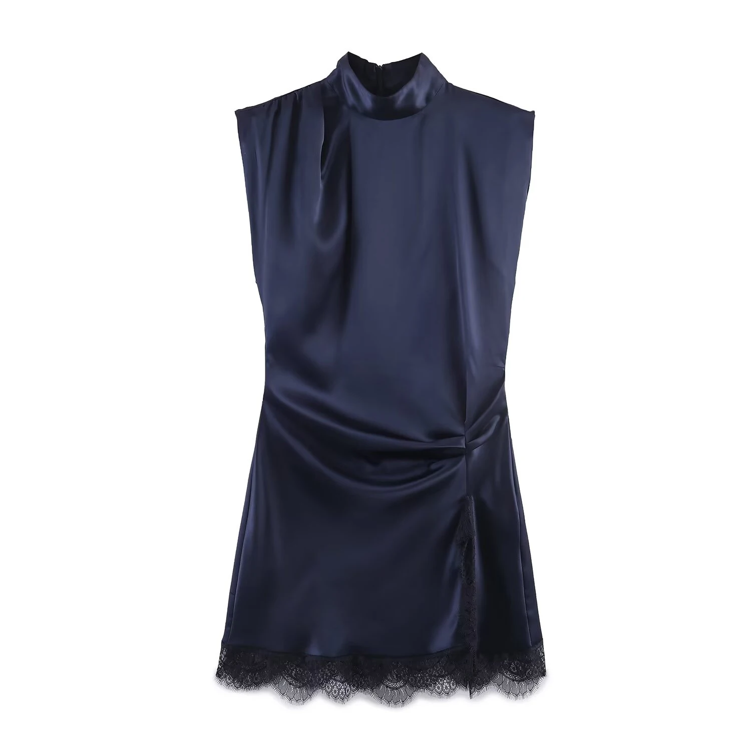 Europäischer und amerikanischer Stil, neues Damen-Minikleid mit Spitzen-Patchwork und Satin-Textur für den Frühling