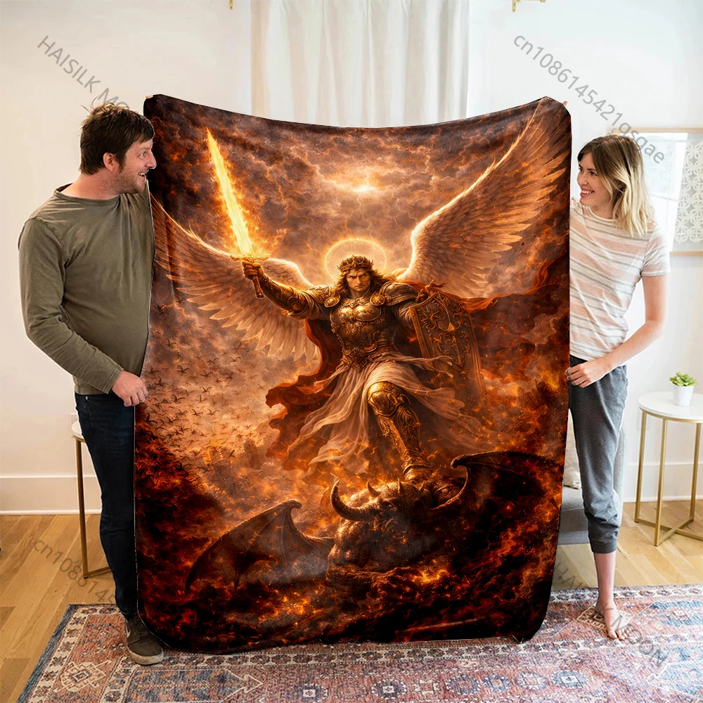 1PC Angel with sword defeating demon Print Blanket Warm Soft Fluffy Kids Adult Sofa Bed Throw Blanket Outdoor Travel Camping RV