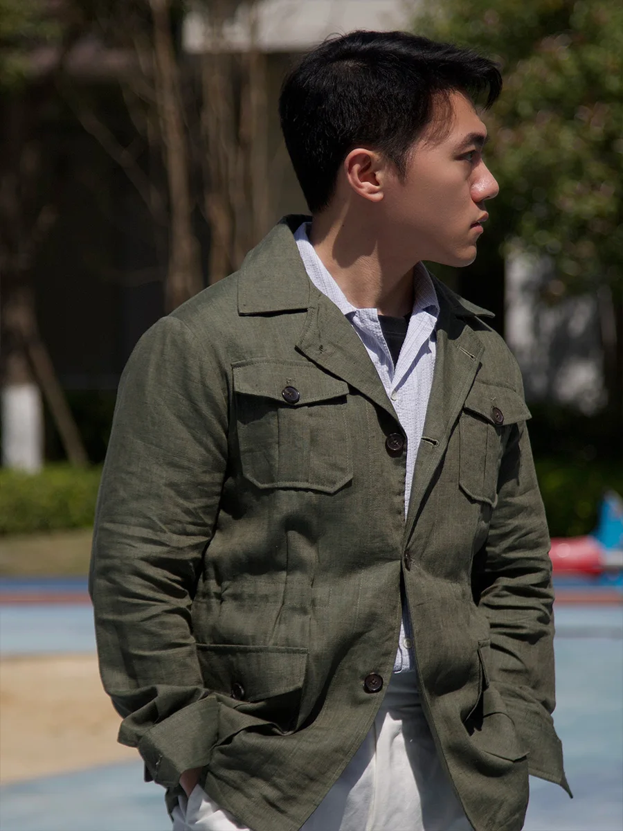 POT&CRAFTSMAN Unstructured Safari Jacket Hunting Jacket Moss Green Pure Linen Gentry Vintage Slim Fit