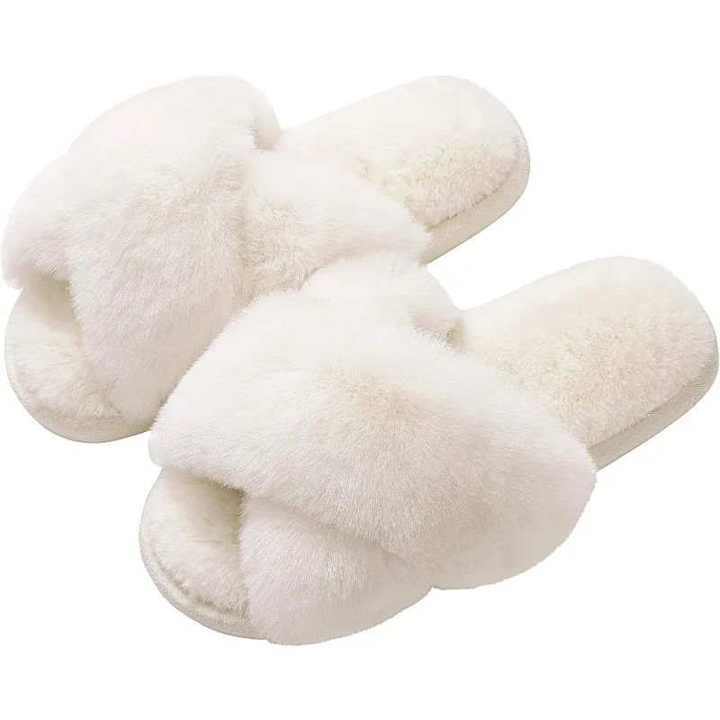 Women's Fuzzy Slippers Cross Band Soft Plush Cozy House Slippers Open Toe Indoor Outdoor Non Slip Autumn Winter Warm Floor Shoe