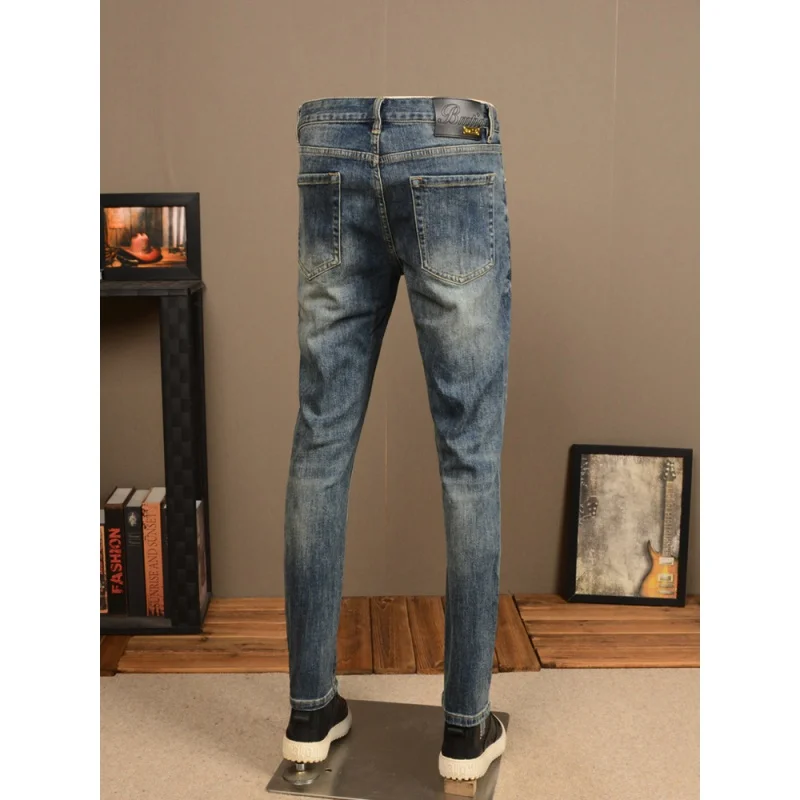 Retro Distressed Street Jeans Men's Slim Fit Skinny Stretch Fashion Printed Washed High-End Casual Quality Men's Pants