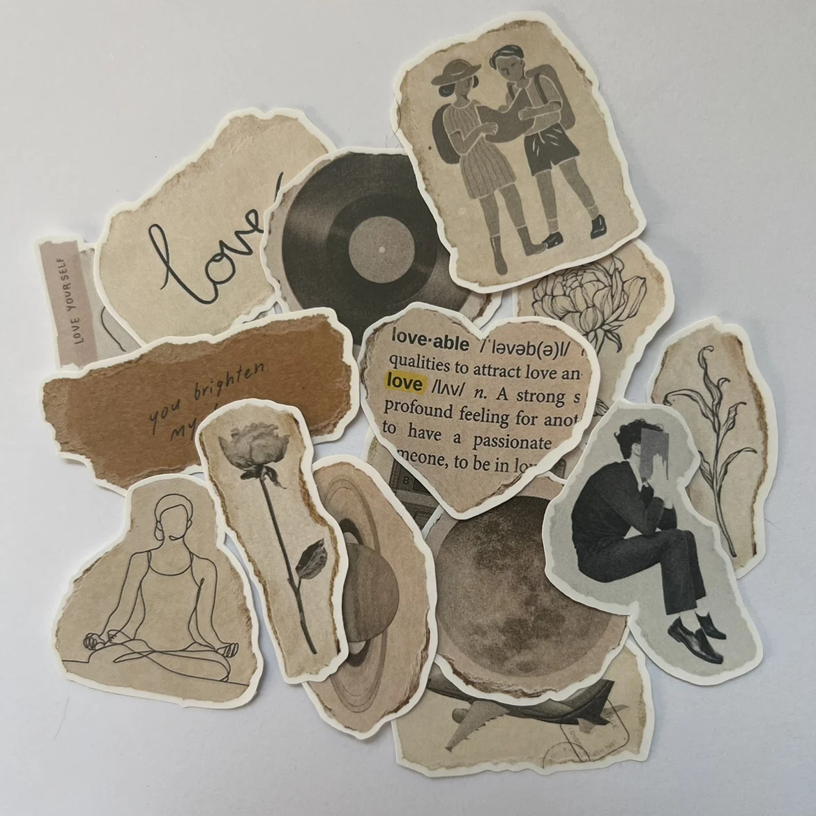 

15pcs Stickers Vintage Short Drama Record Player Handwritten English Hand-Pulled Kraft Paper Old Effect Handbook Material